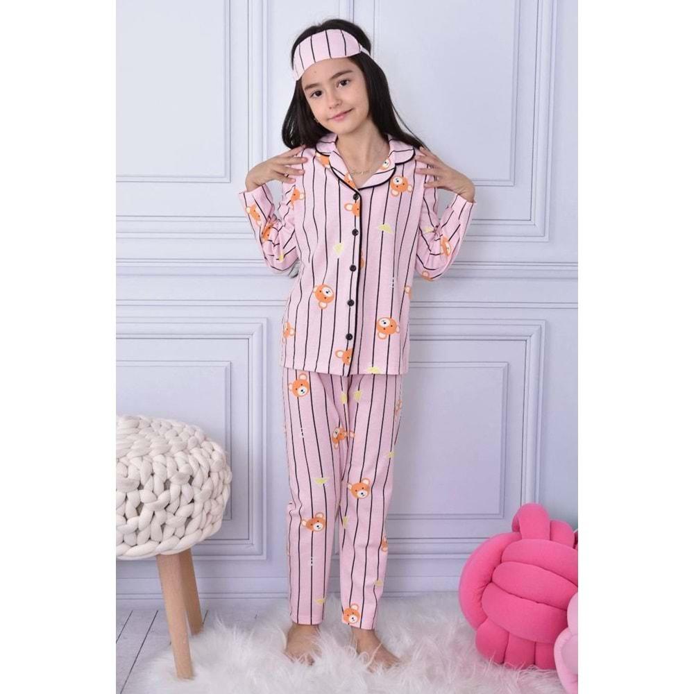 Kız Çocuk Ayıcık Baskılı Penye , Uyku Maskeli Pijama Takım M00668