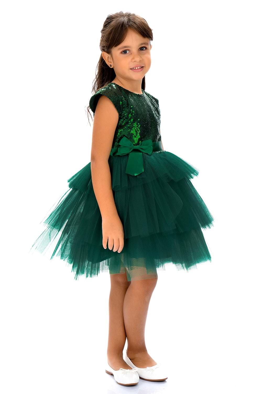 Mnk Yeşil Kız Çocuk Pullu Tüllü Parti Elbisesi
