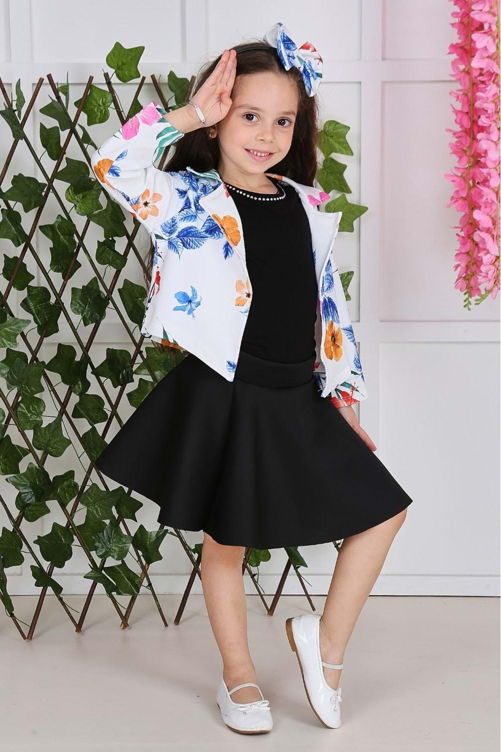 Yaprak Desen Ceketli Yazlık Kız Çocuk Elbise