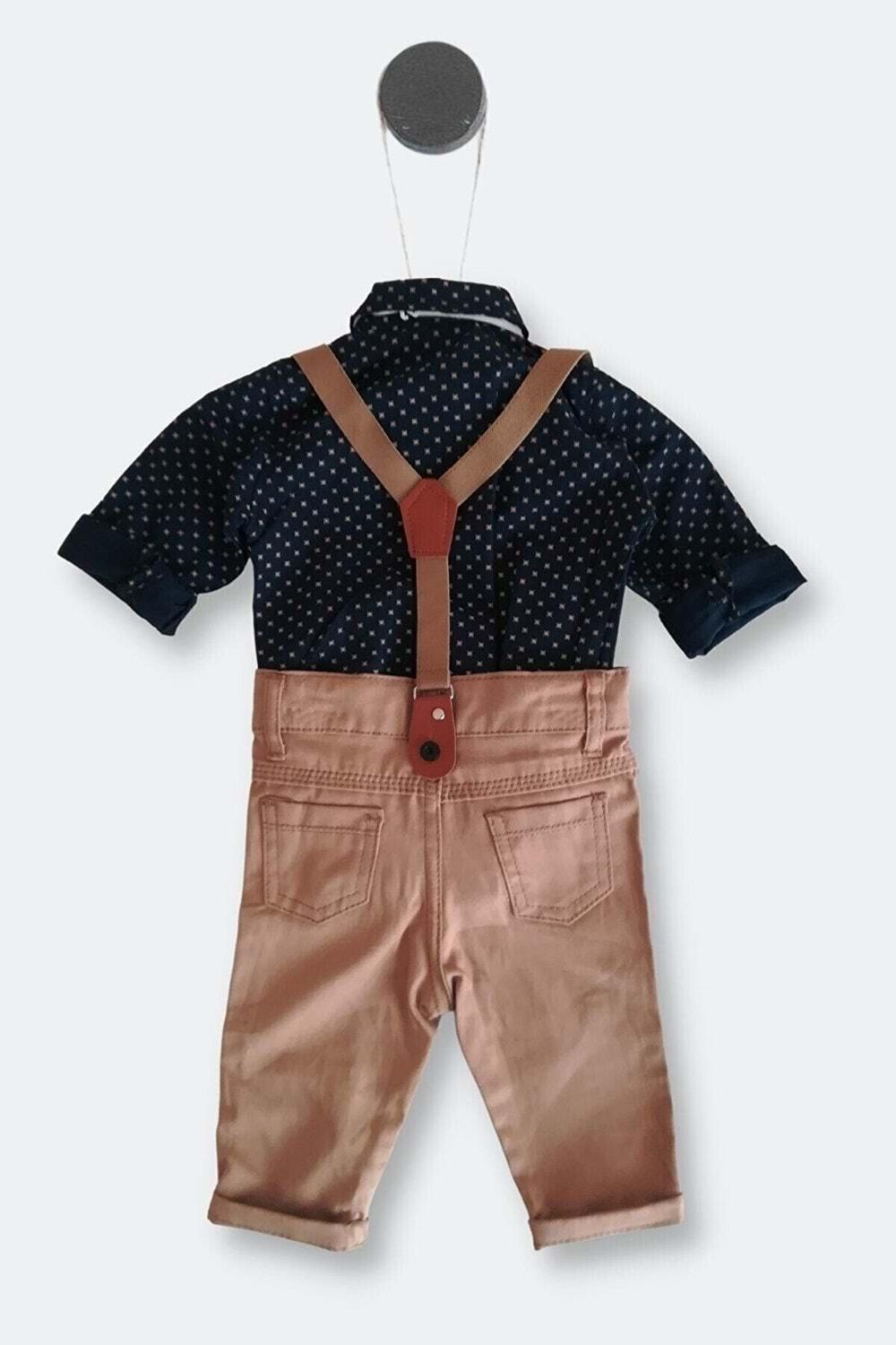 Gömlekli Alttan Çıtçıtlı Gabardin Pantolonlu Pamuklu Bebek Takım