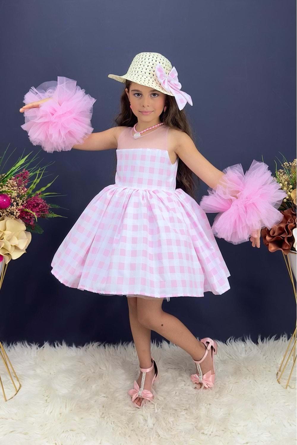Şapkalı Barbie Tarz Ponpon Kol Pötikare Kız Çocuk Elbise MNK0543