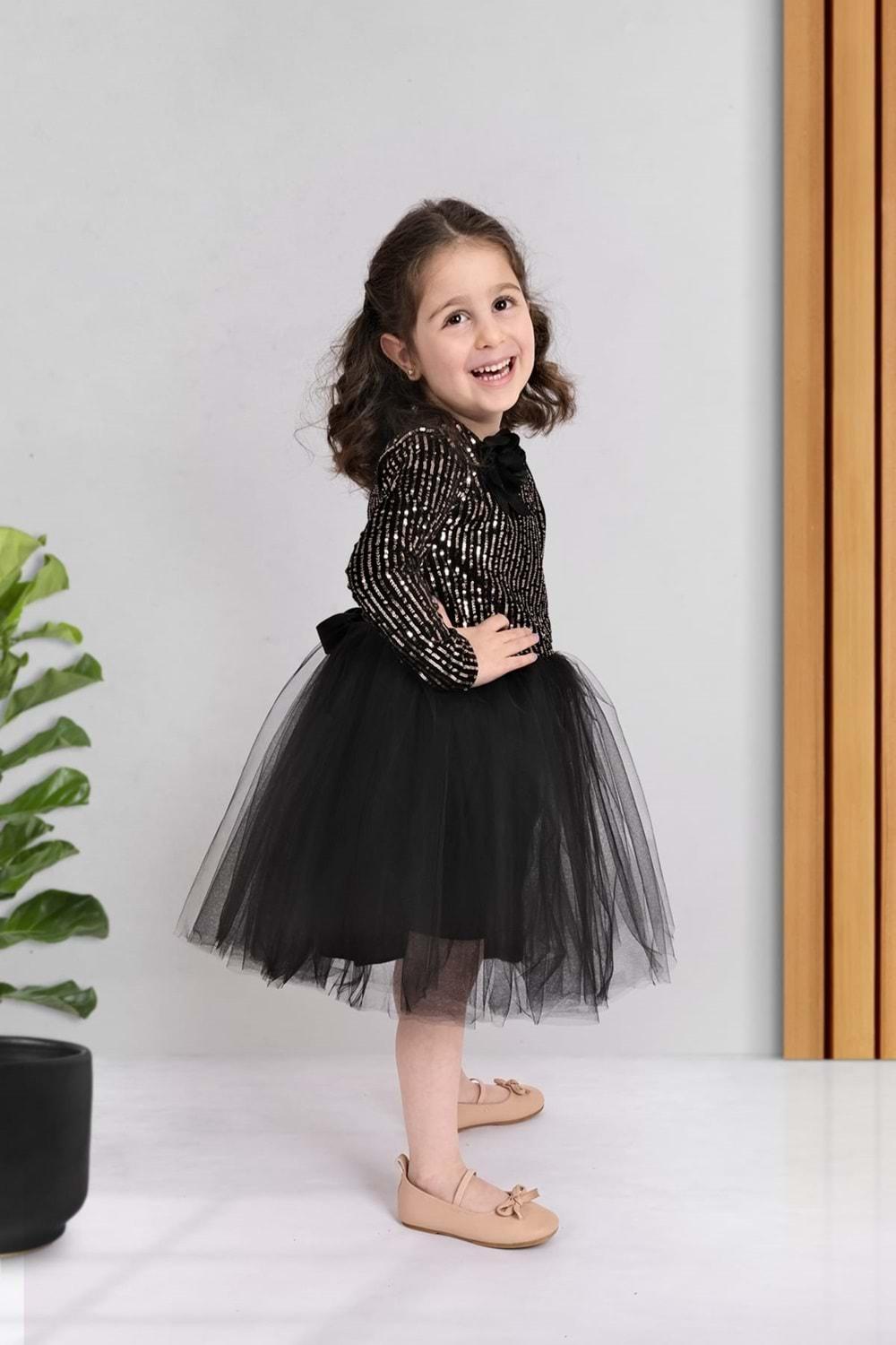 Pul Payetli Tütü Etekli Uzun Kol Kız Çocuk Elbise MNK0577