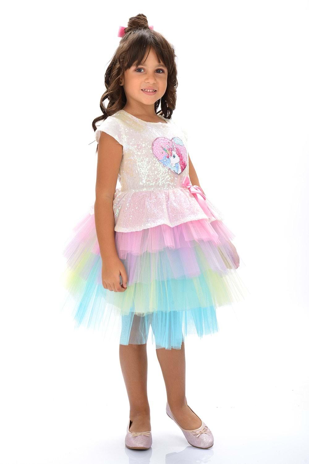 Mnk Renkli Pul Payet Tokalı Kız Çocuk Parti Elbisesi