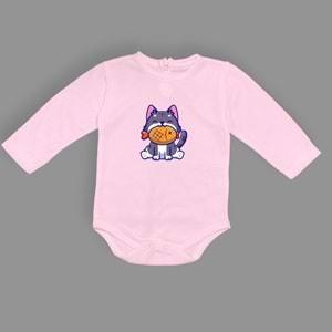 Baskılı Balıklı Kedi Bebek Çıtçıtlı Body - MNK0658-PEMBE-18 AY