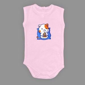 Baskılı Pizza Yiyen kedi Bebek Çıtçıtlı Body - MNK0662-AÇIK PEMBE-6 AY