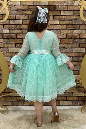 M. Yeşil Fransız Dantel Tokalı Kız Çocuk Elbise