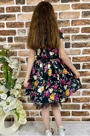 Gül Desen Pamuk Saten Saç Tokalı Kız Çocuk Elbise