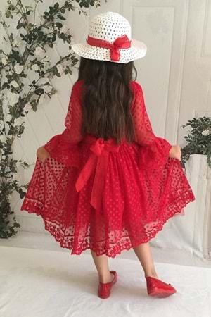 Kırmızı 1 Yaş Şapkalı Dantelli Kız Çocuk Elbise