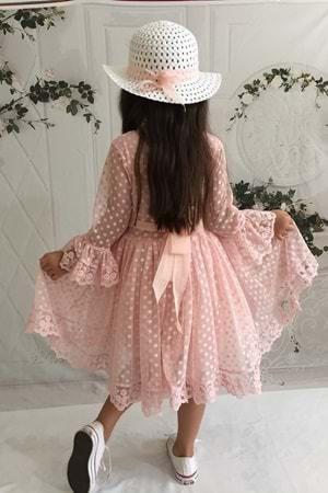 Somon Şapkalı Dantelli Kız Çocuk Elbise