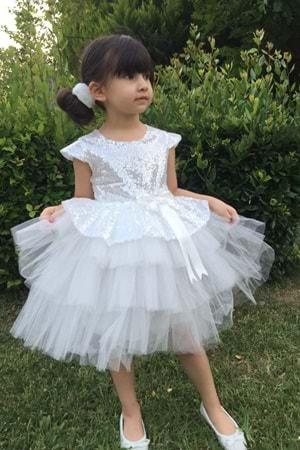 Beyaz Pul Payet Kız Çocuk Parti Elbise - 5 YAŞ