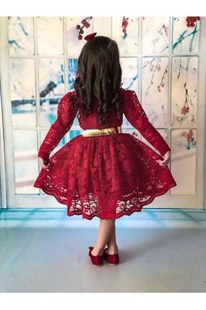 Bordo Fransız Güpürlü Kız Çocuk Elbise