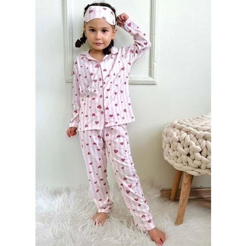 Kız Çocuk Kalp Baskılı Penye , Uyku Maskeli Pijama Takım M00668