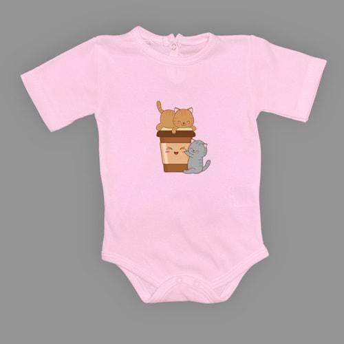 Baskılı Kahve Seven Kediler Bebek Çıtçıtlı Body - MNK0659-KOYU PEMBE-6 AY