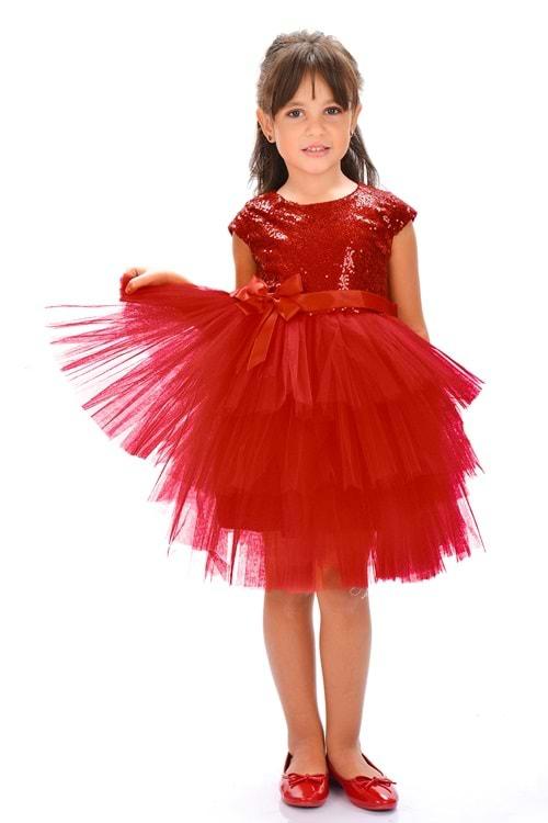 Mnk Kırmızı Kız Çocuk Pullu Tüllü Parti Elbisesi