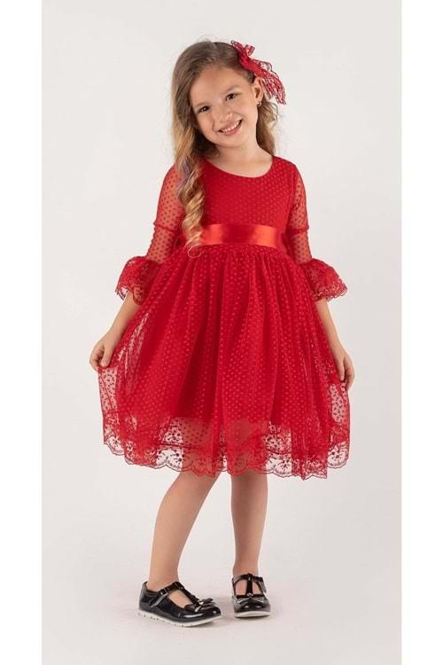 Kırmızı Fransız Dantel Tokalı Kız Çocuk Elbise