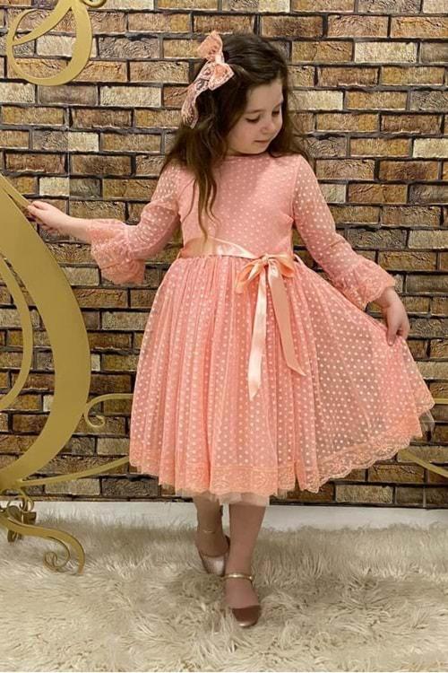 Somon Fransız Dantel Tokalı Kız Çocuk Elbise
