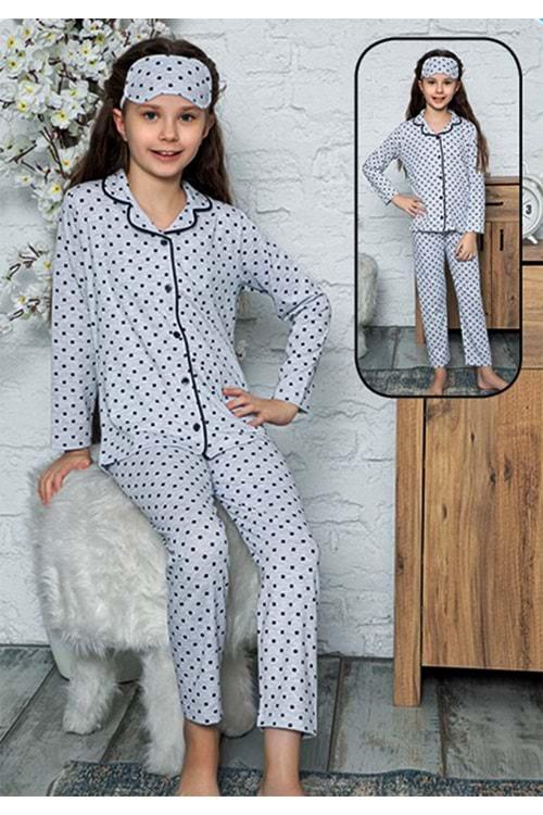 Kız Çocuk Göz Bandlı Puantiyeli Gri Pijama Takımı