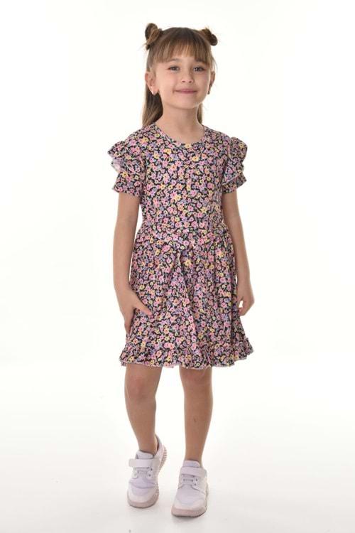 Fırfırlı Kız Çocuk Dokuma Kumaş Tiril Elbise MNK0503