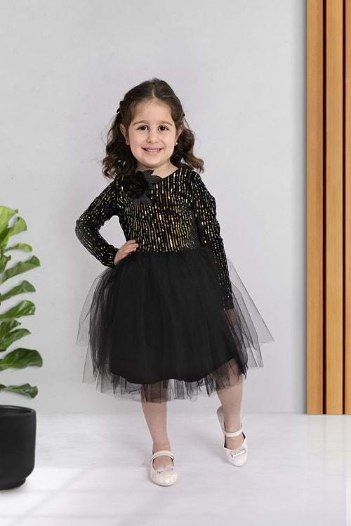 Pul Payetli Tütü Etekli Uzun Kol Kız Çocuk Elbise MNK0577